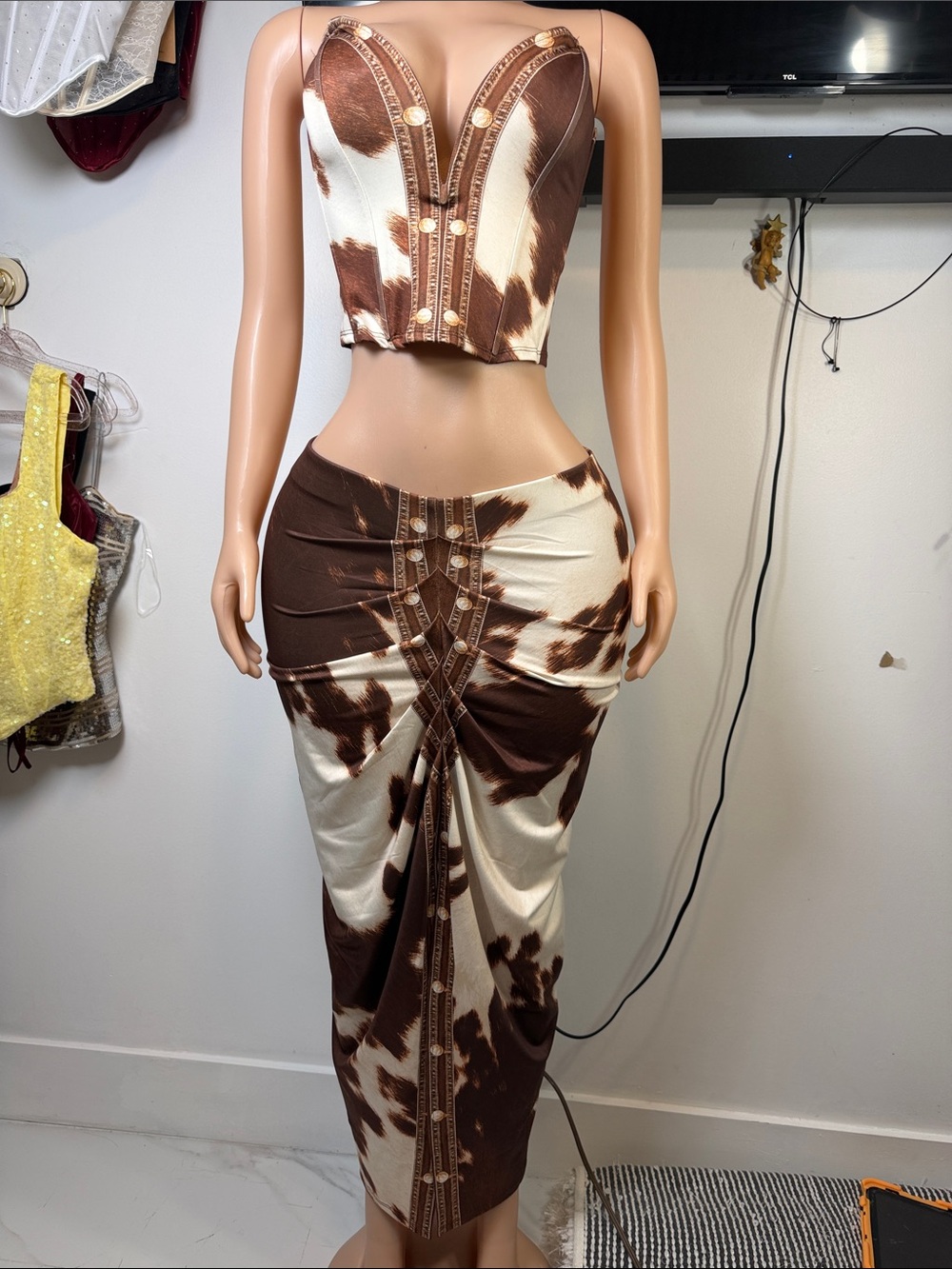 Brown & Cream Cowhide Print Bodycon Skirt - Women Skirts